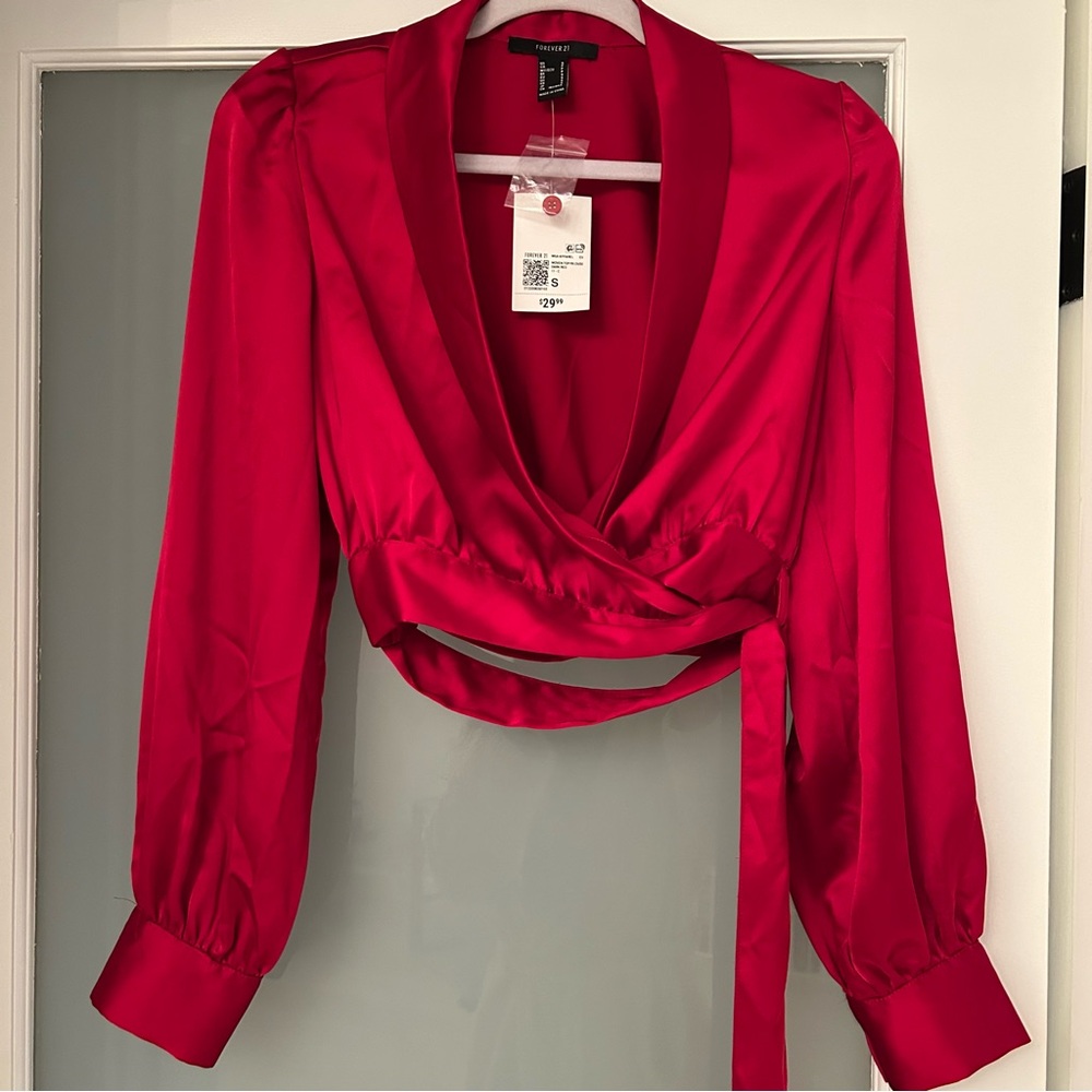 Forever 21 Red Satin Wrap Crop Blouse